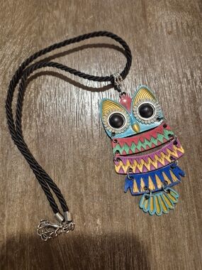 Colorful Articulated Owl Pendant Necklace, Hand-made & Painted